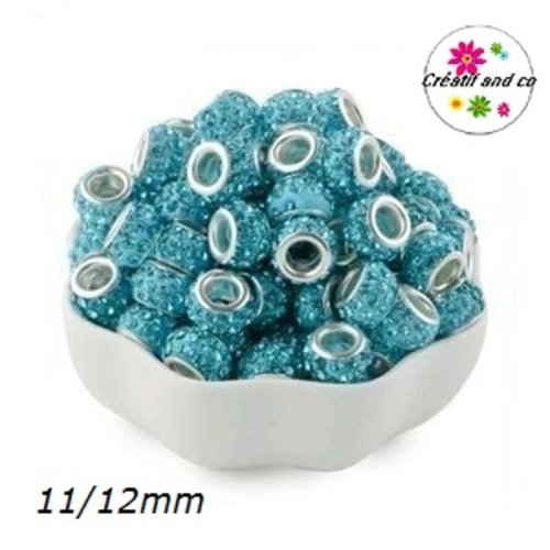 Perle gros trou strass turquoise 11/12mm
