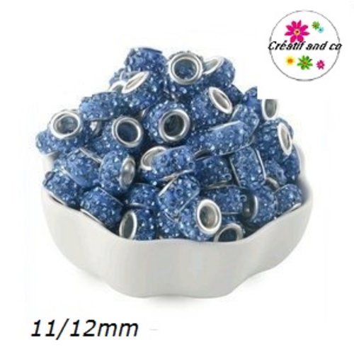 Perle gros trou strass bleu 11/12mm