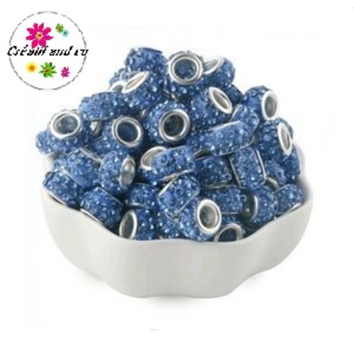 Perle gros trou strass bleu 11/12mm