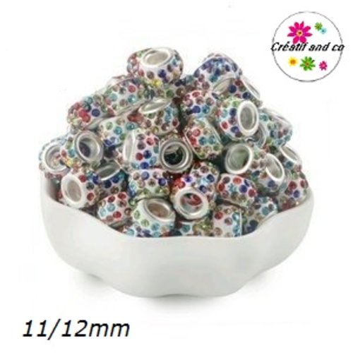 Perle gros trou strass blanc multicouleur 11/12mm