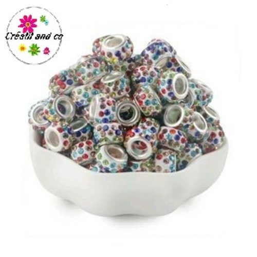 Perle gros trou strass blanc multicouleur 11/12mm