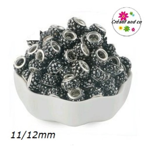 Perle gros trou strass anthracite 11/12mm