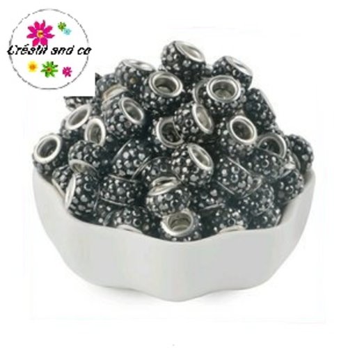 Perle gros trou strass anthracite 11/12mm