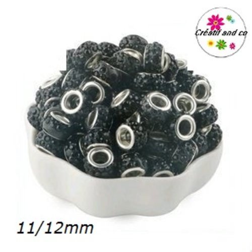Perle gros trou strass noir 11/12mm