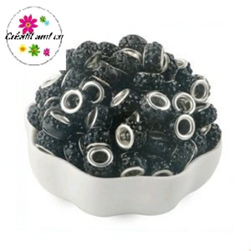 Perle gros trou strass noir 11/12mm