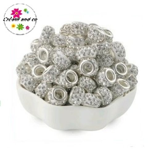 Perle gros trou strass blanc 11/12mm
