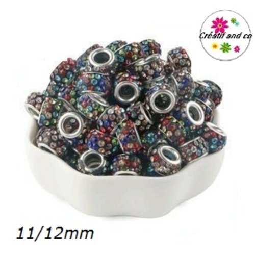 Perle gros trou strass noir multicouleur 11/12mm