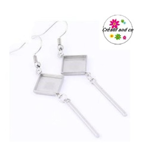 Boucle d'oreille carrée avec tige bout rond acier inoxydable (20mm)  cabochon 10mm