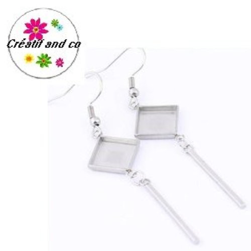 Boucle d'oreille carrée avec tige bout rond acier inoxydable (25mm)  cabochon 10mm