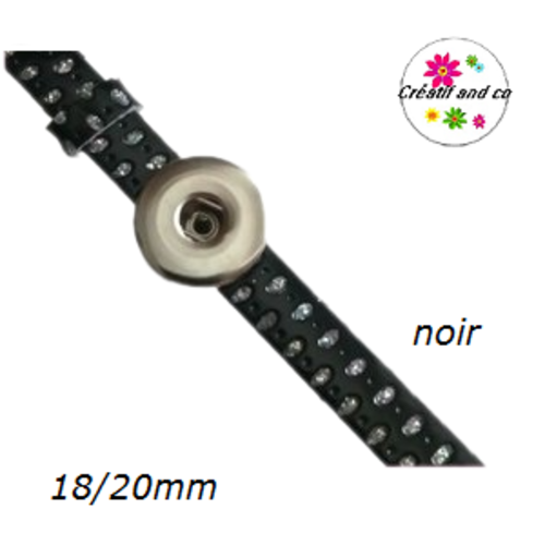 Bracelet simili cuir noir et argent brillant réglable pour bouton pression fixe