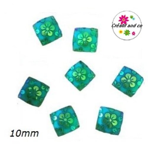 X2 cabochons carrés verts motif fleur 10mm