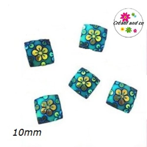 X2 cabochons carrés noirs motif fleur 10mm