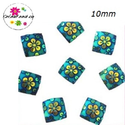 X2 cabochons carrés noirs motif fleur 10mm