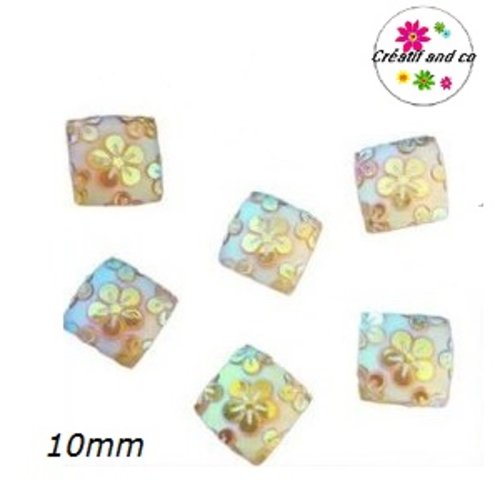 X2 cabochons carrés jaunes motif fleur 10mm