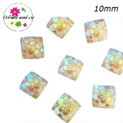 X2 cabochons carrés jaunes motif fleur 10mm