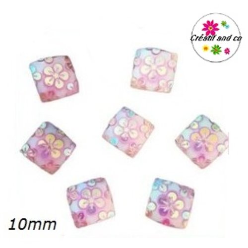 X2 cabochons carrés roses motif fleur 10mm