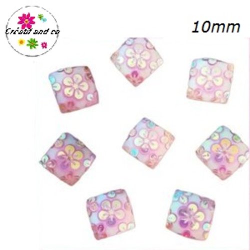X2 cabochons carrés roses motif fleur 10mm