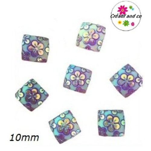 X2 cabochons carrés parmes motif fleur 10mm