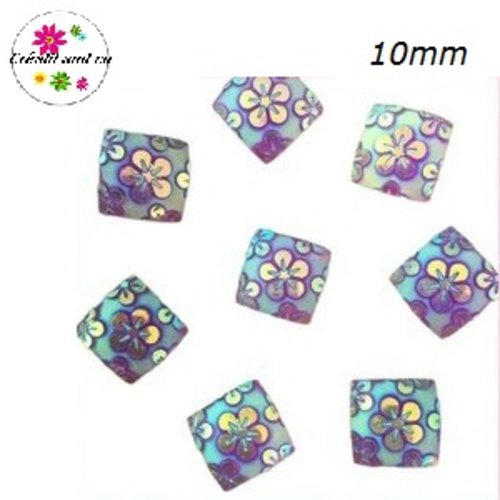 X2 cabochons carrés parmes motif fleur 10mm