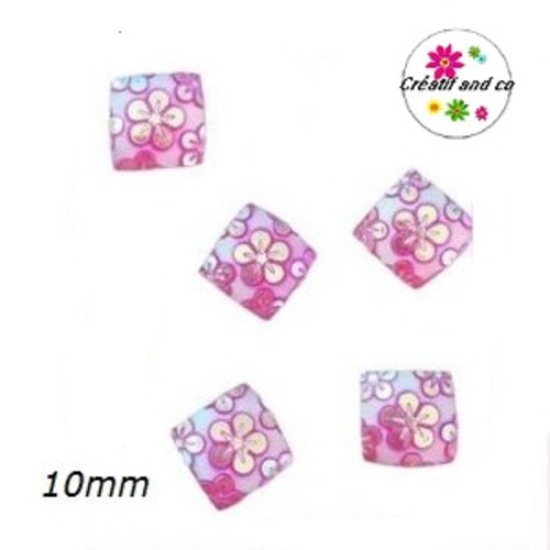 X2 cabochons carrés fuschias motif fleur 10mm