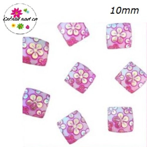 X2 cabochons carrés fuschias motif fleur 10mm