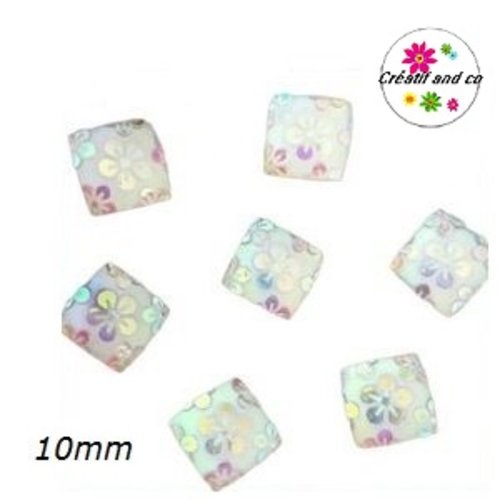 X2 cabochons carrés blancs motif fleur 10mm