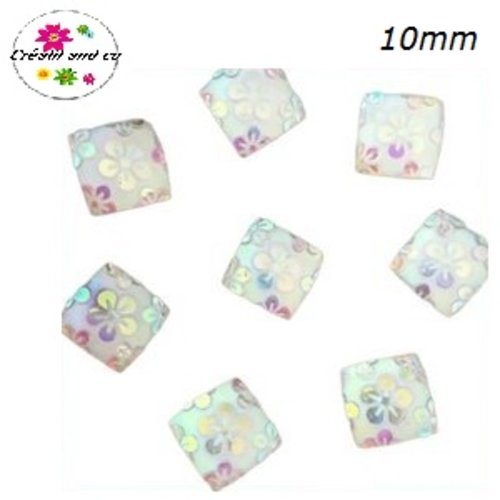 X2 cabochons carrés blancs motif fleur 10mm