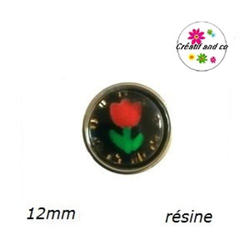 Bouton pression tulipe rouge fond noir 12mm
