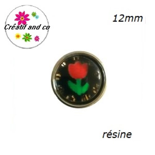 Bouton pression tulipe rouge fond noir 12mm