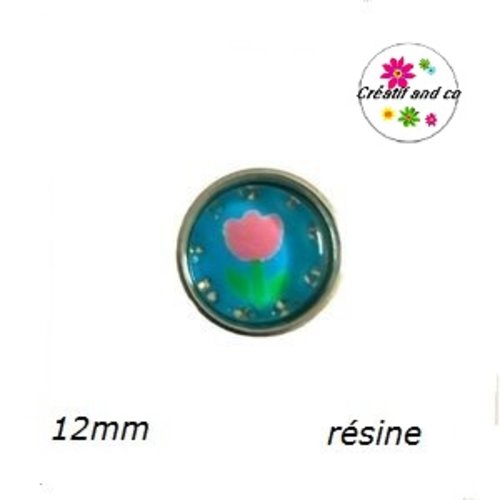 Bouton pression tulipe rose fond bleu clair 12mm