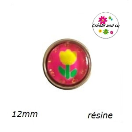 Bouton pression tulipe jaune fond fuschia 12mm