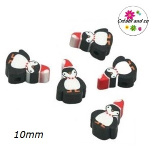 X10 perles pingouin noël fimo 10mm