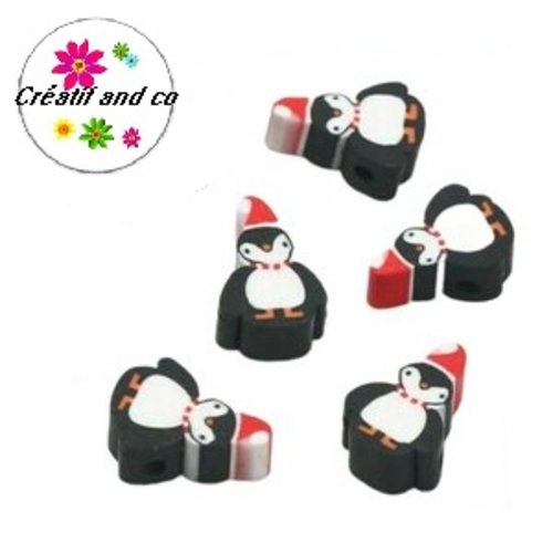 X10 perles pingouin noël fimo 10mm