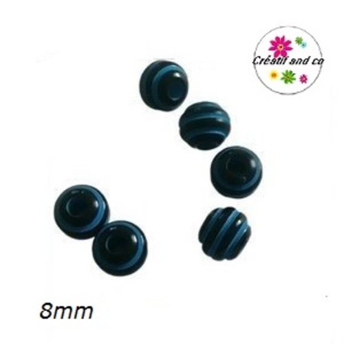 X10 perles rondes rayés bleus/noirs 8mm