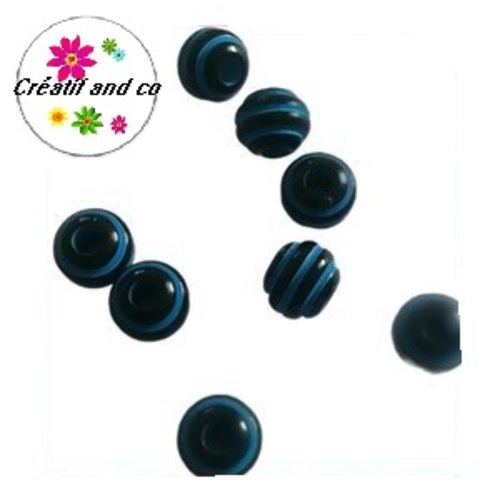 X10 perles rondes rayés bleus/noirs 8mm