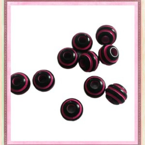 X10 perles rondes rayés fuschias/noires 8mm