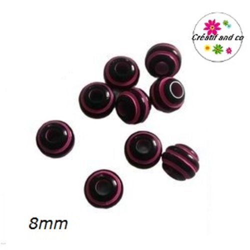 X10 perles rondes rayés fuschias/noires 8mm