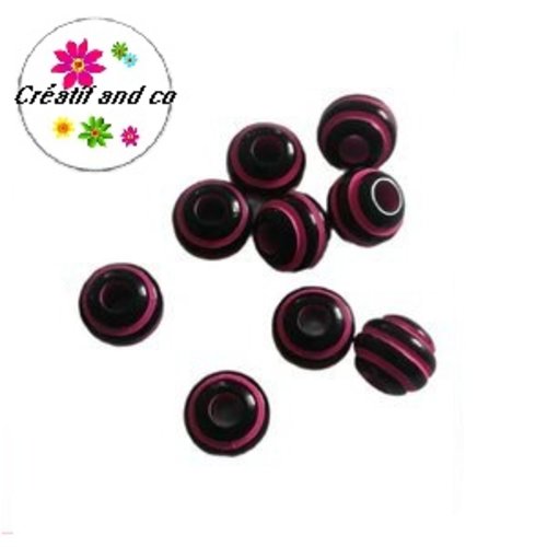 X10 perles rondes rayés fuschias/noires 8mm