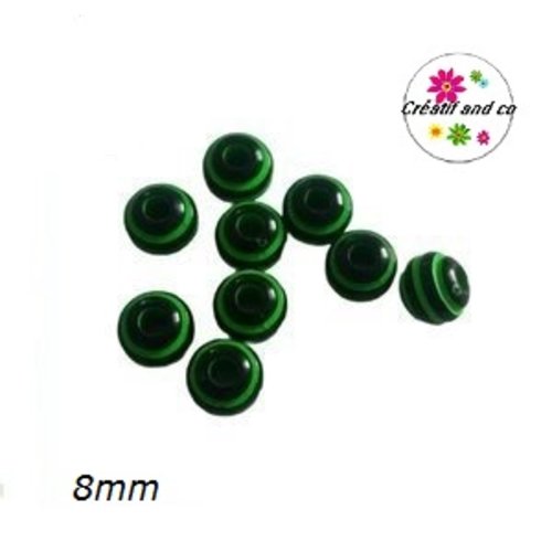 X10 perles rondes rayés vertes/noires 8mm