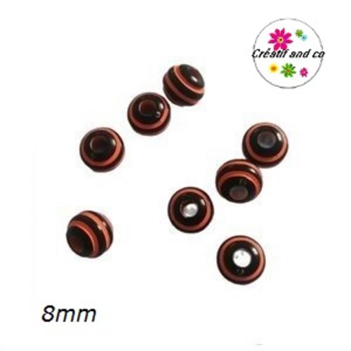 X10 perles rondes rayés oranges/noires 8mm