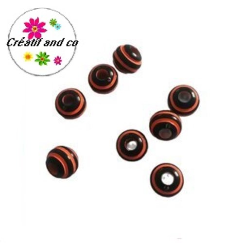 X10 perles rondes rayés oranges/noires 8mm