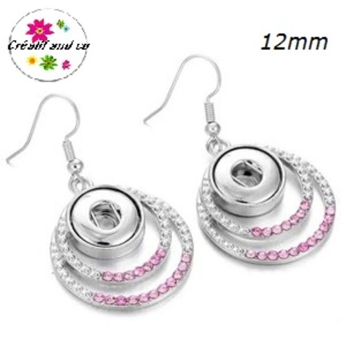 Boucle d'oreille duo de cercle strass rose bouton pression 12mm
