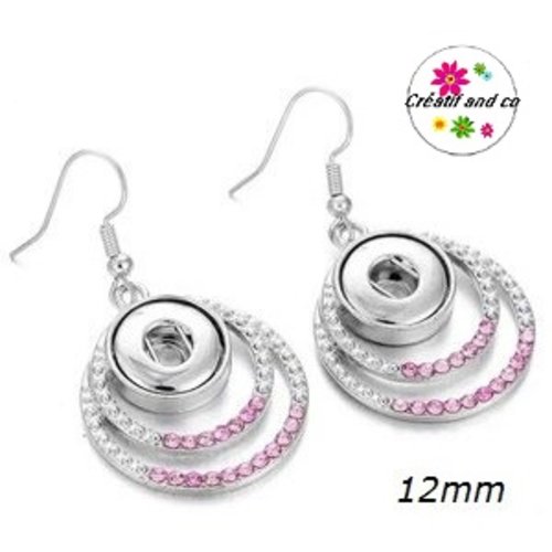 Boucle d'oreille duo de cercle strass rose bouton pression 12mm