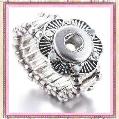 Bague métal argentée et strass blanc rosé pour bouton pression 12mm