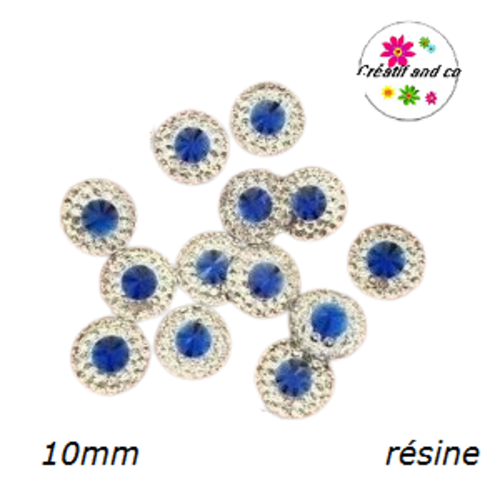 X2 cabochons strass résine central bleu résine 10mm