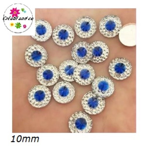 X2 cabochons strass résine central bleu résine 10mm