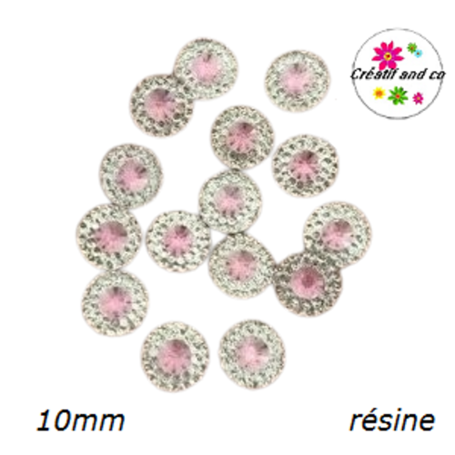X2 cabochons strass résine central rose pâle résine 10mm