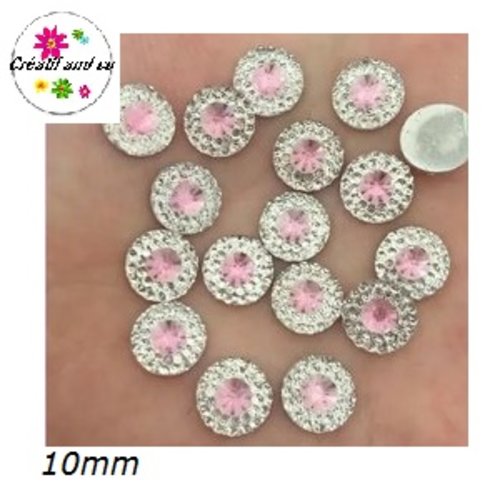 X2 cabochons strass résine central rose pâle résine 10mm