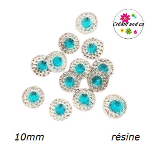 X2 cabochons strass résine central turquoise résine 10mm