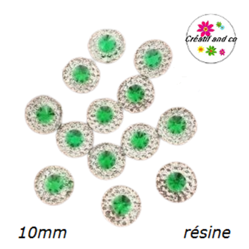 X2 cabochons strass résine central vert résine 10mm